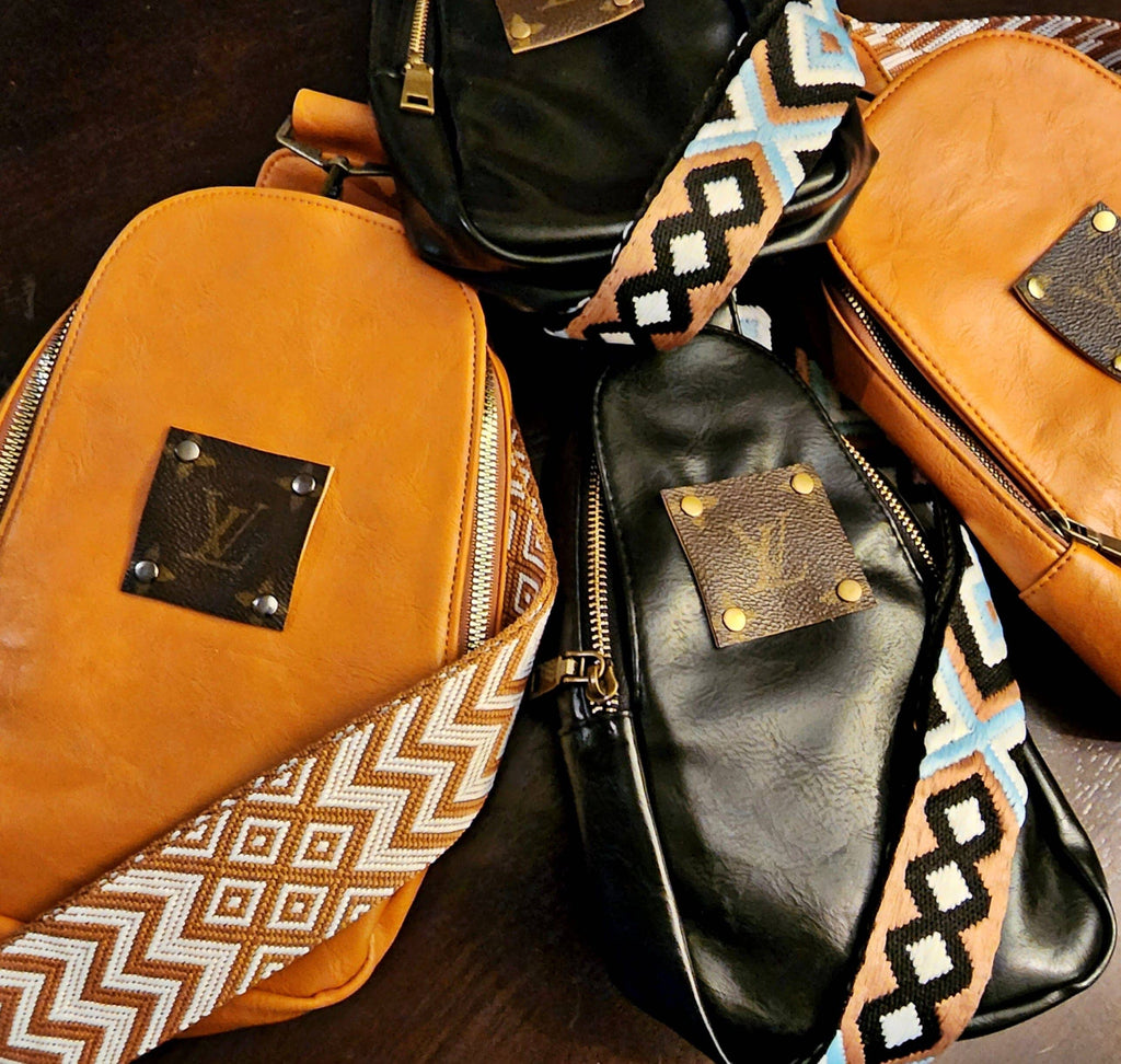 Upcycled Sling Bag Crossbody Vegan Leather Satchel Daypack Shoulder Backpack - Black Handbags Upcycled Gemz 