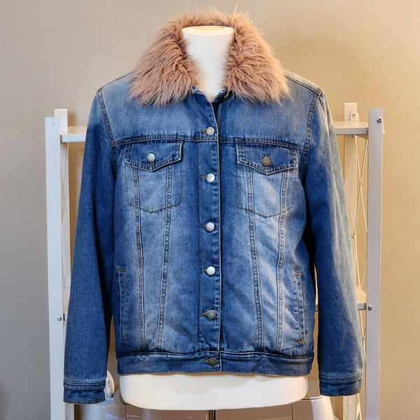 Rachel Roy Upcycled Frida Pink Faux Fur Lined Jean Jacket , Women's M miltary jacket Upcycled Gemz 