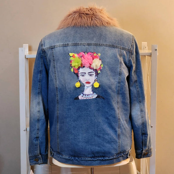 Rachel Roy Upcycled Frida Pink Faux Fur Lined Jean Jacket , Women's M miltary jacket Upcycled Gemz 