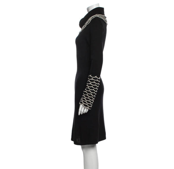 Temperley London Silk Knee-Length Dress in Black with Scalloped Crocheted Trim Dress Temperley London 