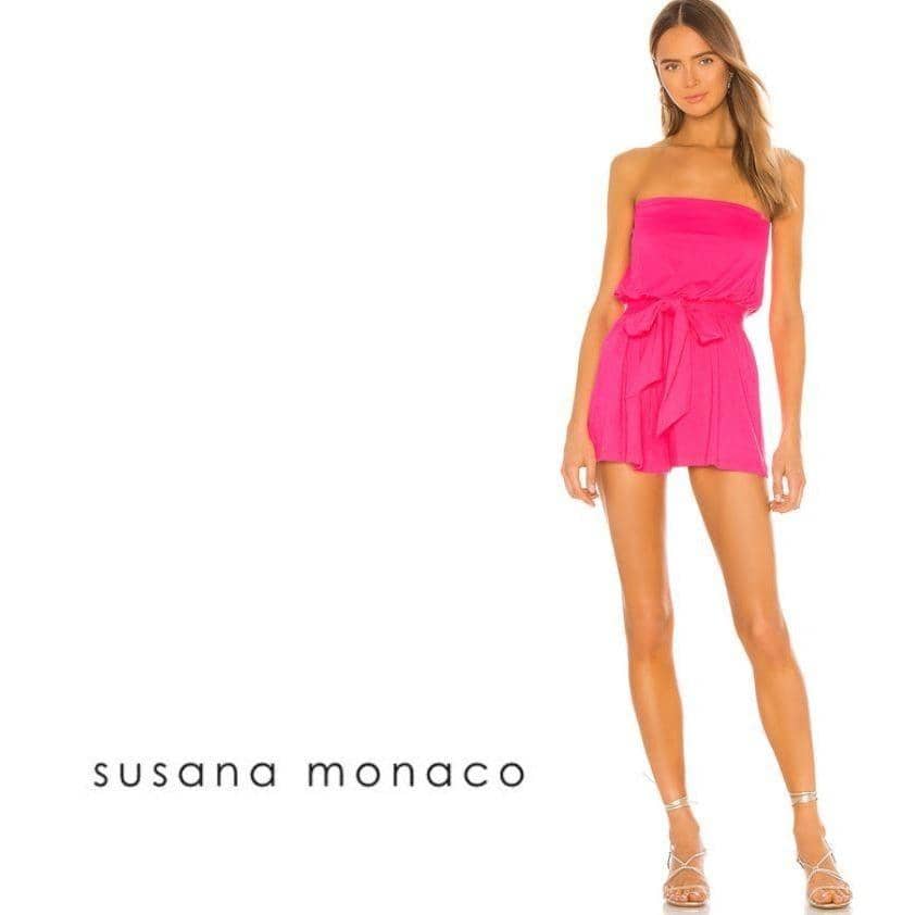 SUSANA MONACO Hot Pink Blouson Strapless Waist Tie Romper, Size M Rompers Susana Monaco 