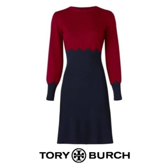 Tory Burch Jeanne Burgundy/Navy Knit Knee Length Sweater Dress, Size S Dresses Tory Burch 