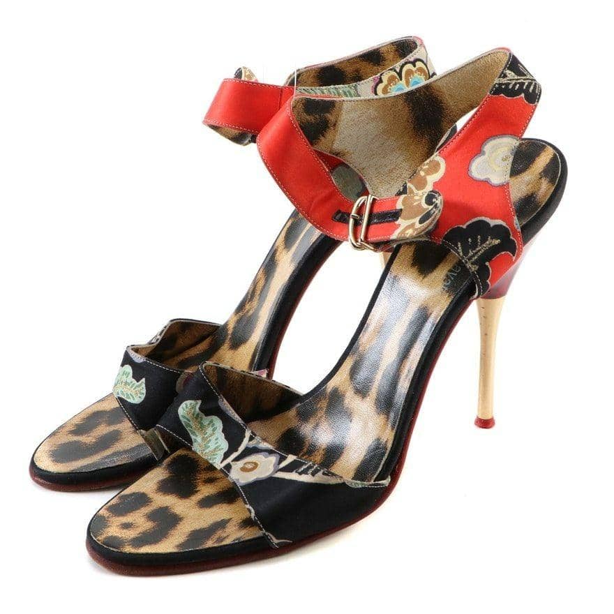 ROBERTO CAVALLI Silk Floral Ankle Strap Stilettos with Leopard Print Insoles, Women's Size 38/6.5 Shoes Roberto Cavalli 