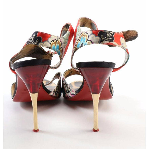 ROBERTO CAVALLI Silk Floral Ankle Strap Stilettos with Leopard Print Insoles, Women's Size 38/6.5 Shoes Roberto Cavalli 