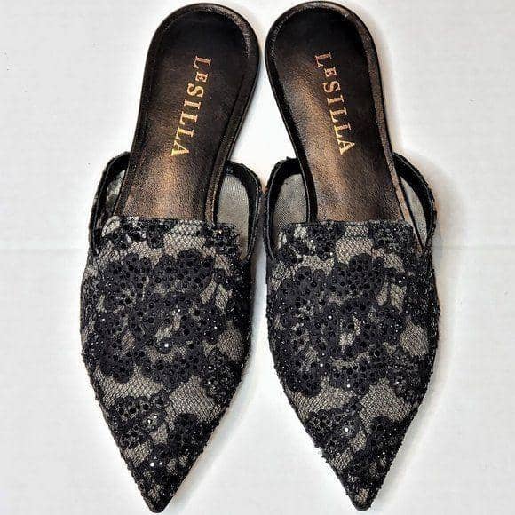 LE SILLA Black Lace Slip-On Flat Mule Shoes Shoes Le Silla 